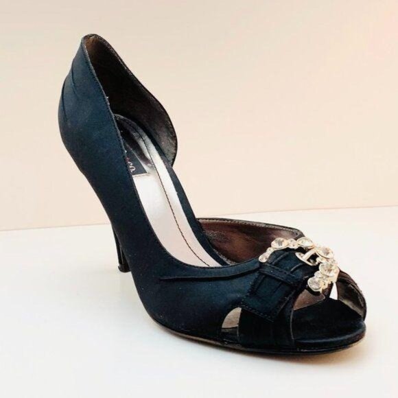 Style & Co Black Satin Peep Toe Heels With Rhinestone Embellishment - Picture 1 of 11